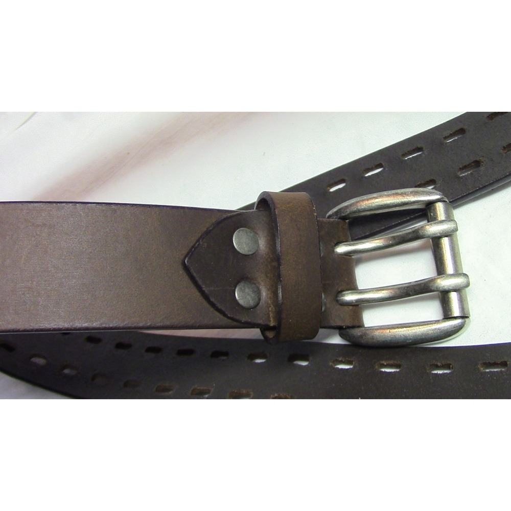 Men's Genuine Leather Jeans Belt Brown 2-Hole Heavy Duty Silver Buckle 44/46 - Picture 2 of 3